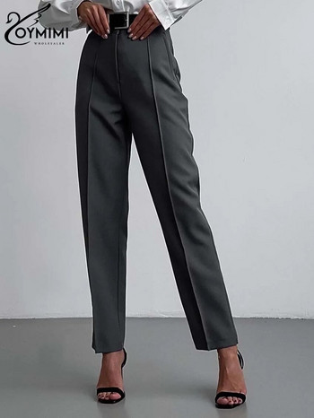 Oymimi Елегантни сиви офис дамски панталони Модни прости панталони с висока талия Ежедневни прави панталони с дължина до глезена Дамско облекло