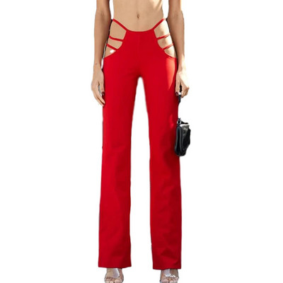 Pantaloni evazați decupați la modă pentru femei, în 3 culori, ținute cu pantaloni elastici, cu talie mijlocie, cu talie medie