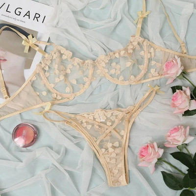 Σετ εσωρούχων Yimunancy Heart Embroidery Γυναικεία Σουτιέν με φιόγκο 2 τεμαχίων + Σετ εσώρουχα εσώρουχα Sheer Intimates