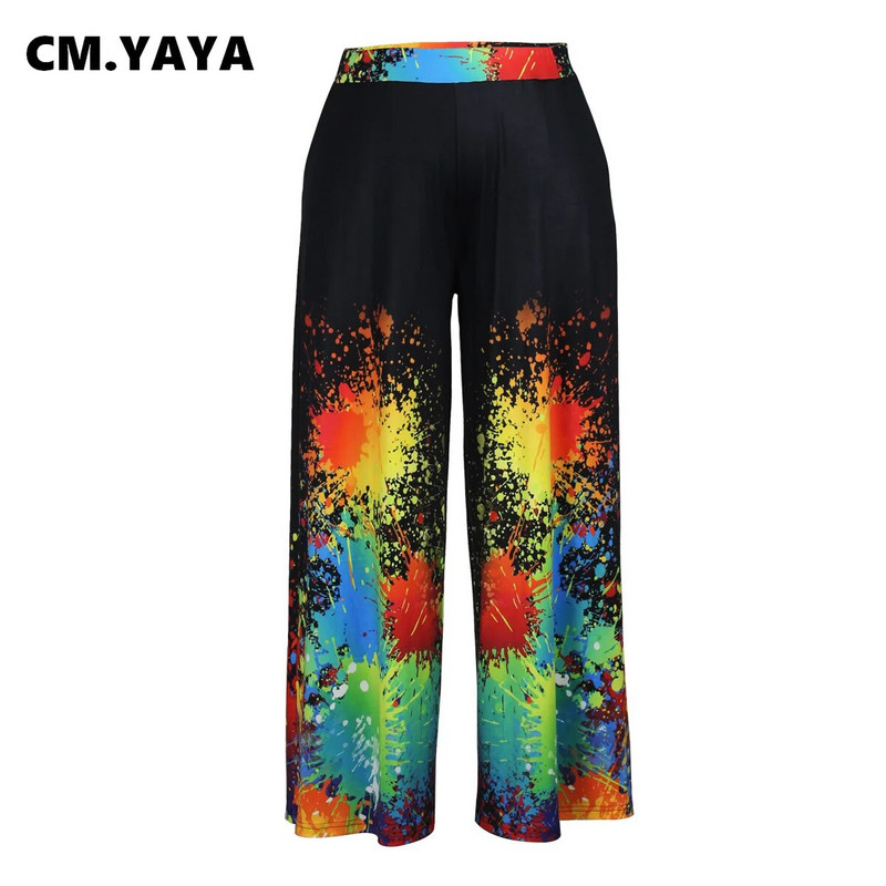 CM.YAYA Ženske veće veličine Galaxy Tie Dye 3D tiskane elastične hlače visokog struka širokih ravnih hlača 2023. Jesenske ulične hlače