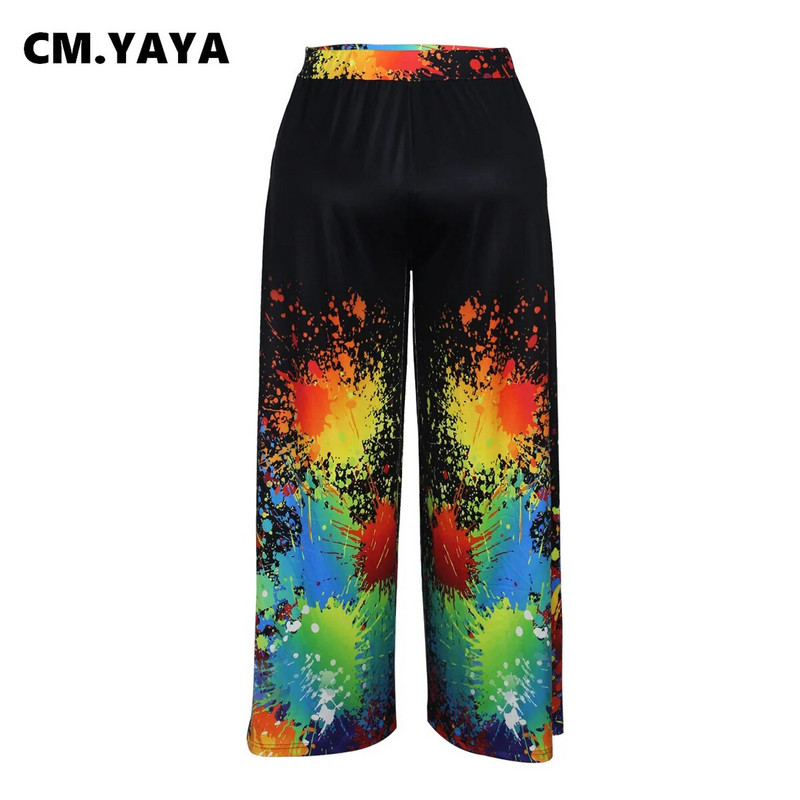 CM.YAYA Ženske veće veličine Galaxy Tie Dye 3D tiskane elastične hlače visokog struka širokih ravnih hlača 2023. Jesenske ulične hlače