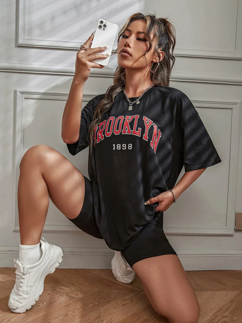 Nagy méretű Brooklyn New York Street 1898 betűs női póló, nyári póló, bő, nagy pamut rövid ujjú ruházat
