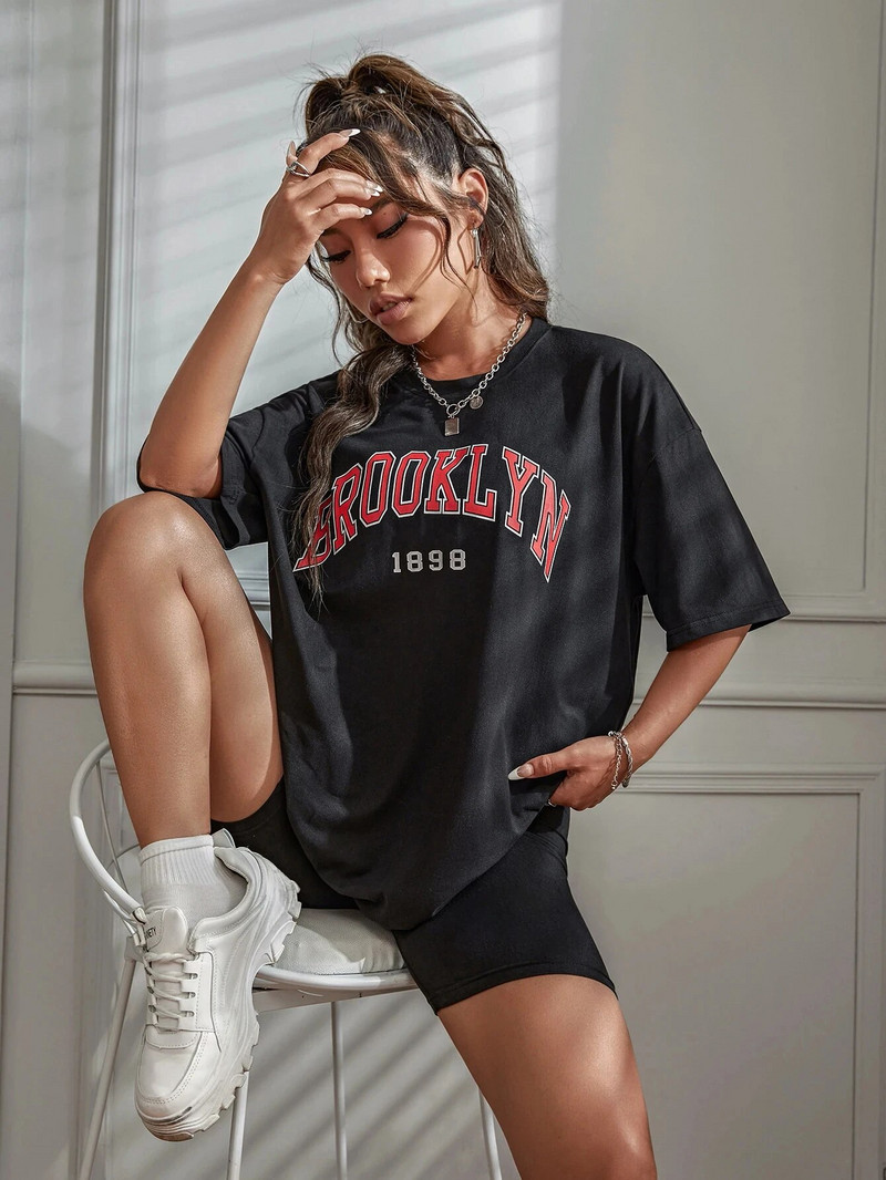 Nagy méretű Brooklyn New York Street 1898 betűs női póló, nyári póló, bő, nagy pamut rövid ujjú ruházat