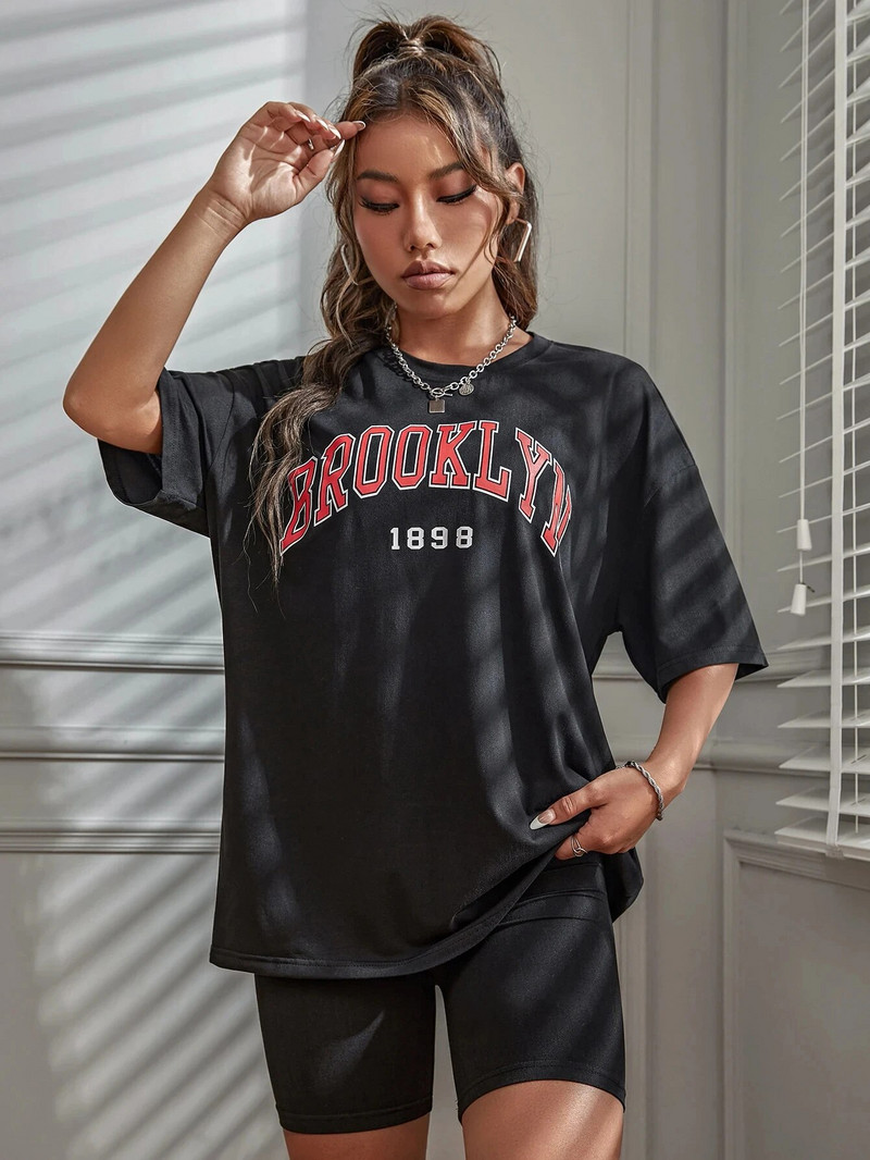 Nagy méretű Brooklyn New York Street 1898 betűs női póló, nyári póló, bő, nagy pamut rövid ujjú ruházat