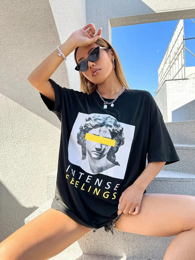 Summer Intense Feelings Drop Shoulder Tee T-krekli Sieviešu Lielizmēra Lielizmēra Augstākās kvalitātes Streetwear Hip Hop Y2k vīriešu T krekli