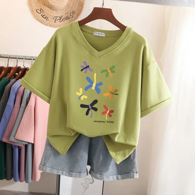 DAYIFUN Pamučne 5XL majice kratkih rukava Majice velikih veličina kratkih rukava Ženske majice s printom crtića Ljeto Sweet Couple Prevelike majice s V izrezom