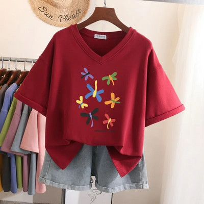 DAYIFUN Pamučne 5XL majice kratkih rukava Majice velikih veličina kratkih rukava Ženske majice s printom crtića Ljeto Sweet Couple Prevelike majice s V izrezom
