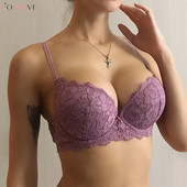 Logirlve Hot Seksi Push Up grudnjak Duboki V grudnjak Debeli pamuk Žensko donje rublje Čipka Ljubičasti vez Cvijeće Donje rublje Grudnjaci s AB košaricama
