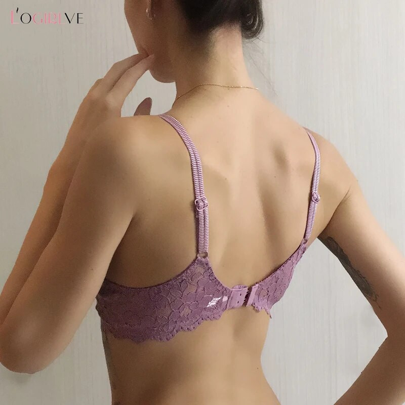 Logirlve Hot Seksi Push Up grudnjak Duboki V grudnjak Debeli pamuk Žensko donje rublje Čipka Ljubičasti vez Cvijeće Donje rublje Grudnjaci s AB košaricama