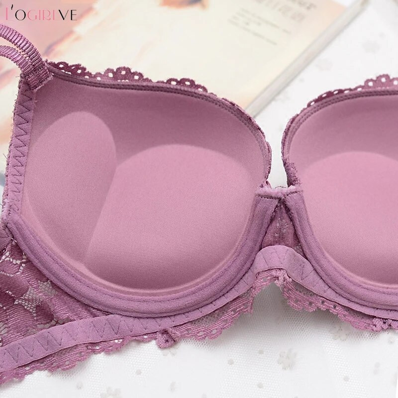 Logirlve Hot Seksi Push Up grudnjak Duboki V grudnjak Debeli pamuk Žensko donje rublje Čipka Ljubičasti vez Cvijeće Donje rublje Grudnjaci s AB košaricama