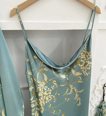 Εκτύπωση 2 τμχ Γυναικεία ρόμπα φόρεμα ύπνου Νυφικό κιμονό μπουρνούζι Εσώρουχα σατέν πυζά με λαιμόκοψη λουράκι Νυχτικό σαλονιών