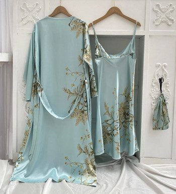 Εκτύπωση 2 τμχ Γυναικεία ρόμπα φόρεμα ύπνου Νυφικό κιμονό μπουρνούζι Εσώρουχα σατέν πυζά με λαιμόκοψη λουράκι Νυχτικό σαλονιών