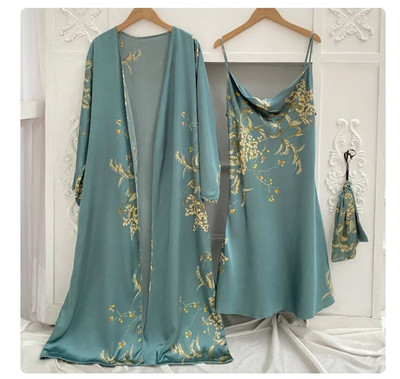 Imprimare 2 buc Robă Costum de dormit Femei Kimono Mireasa Halat de baie Rochie Lenjerie Satin Decolteu în V Lenjerie de dormit Cămașă de noapte Cămașă de noapte