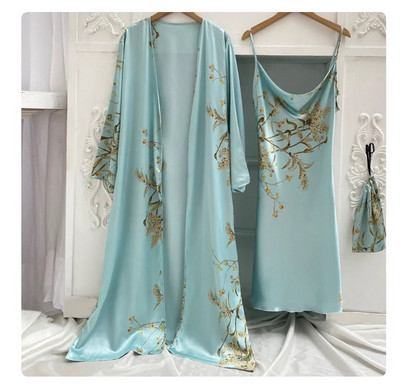 Imprimare 2 buc Robă Costum de dormit Femei Kimono Mireasa Halat de baie Rochie Lenjerie Satin Decolteu în V Lenjerie de dormit Cămașă de noapte Cămașă de noapte