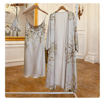 Imprimare 2 buc Robă Costum de dormit Femei Kimono Mireasa Halat de baie Rochie Lenjerie Satin Decolteu în V Lenjerie de dormit Cămașă de noapte Cămașă de noapte