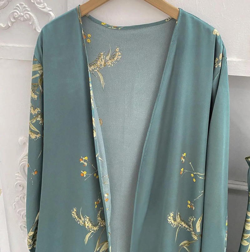 Imprimare 2 buc Robă Costum de dormit Femei Kimono Mireasa Halat de baie Rochie Lenjerie Satin Decolteu în V Lenjerie de dormit Cămașă de noapte Cămașă de noapte