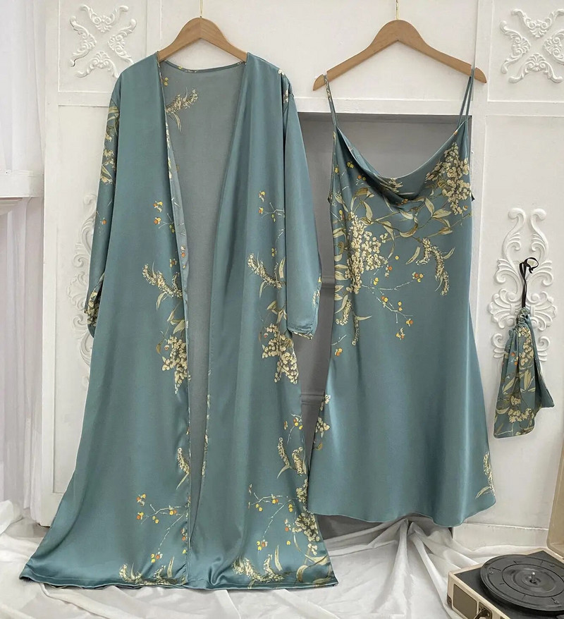 Imprimare 2 buc Robă Costum de dormit Femei Kimono Mireasa Halat de baie Rochie Lenjerie Satin Decolteu în V Lenjerie de dormit Cămașă de noapte Cămașă de noapte