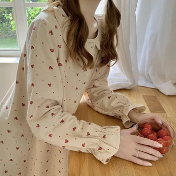 Нощница с принт на сърце Дамска нощна рокля с волани в корейски стил Пижама от една част Есенна домашно облекло с дълъг ръкав Ново в