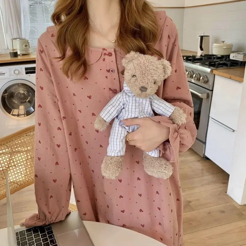 Südamemustriga öösärk naiste Korea stiilis volangidega öökleit ühes tükis pidžaama sügisene pikkade varrukatega kodukandmine uus