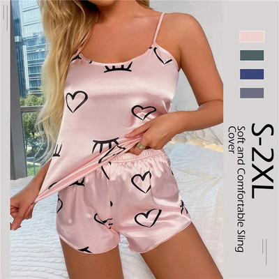 2023 New Fashion Sexy Floral Pajama Set Women`s 2 Pieces Sleepwear Pyjamas Silk Satin Cami Top and Shorts Pajamas for Women Love