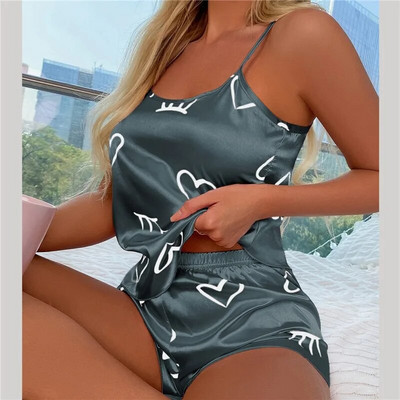 2023 Nouă modă Set de pijamale florale sexy, 2 piese, pijamale, pijamale din satin de mătase, top și pantaloni scurți, pijamale pentru femei Love