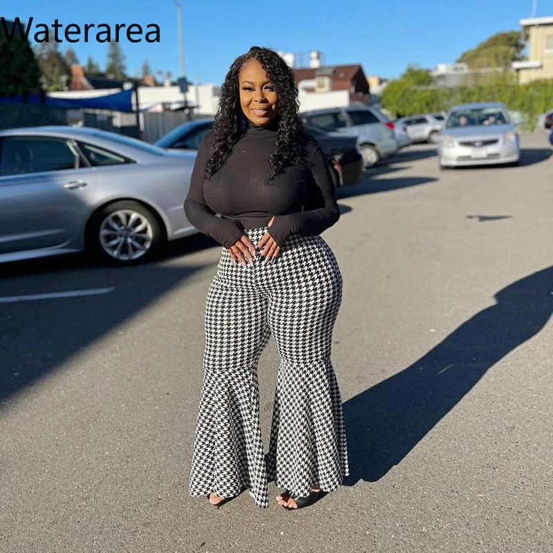 Waterarea új téli nagy méretű női nadrágok divatos alkalmi flare nadrágok angliai stílusú vintage kockás mintás nadrágok