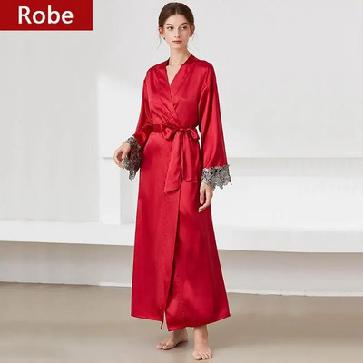 Komplet ogrtača s dva komada Ženska seksi satenska kimono haljina za kupanje s košuljom za spavanje Čipkano donje rublje s V-izrezom Ljeto Nova spavaćica