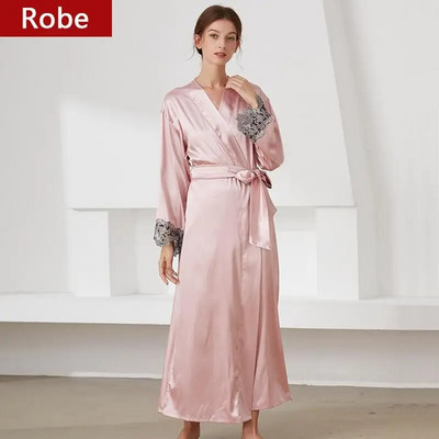 Komplet ogrtača s dva komada Ženska seksi satenska kimono haljina za kupanje s košuljom za spavanje Čipkano donje rublje s V-izrezom Ljeto Nova spavaćica