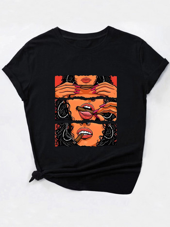 Дамска памучна тениска с принт на пури с устни Големи размери Дамска тениска Улична тениска с кръгло деколте Тениска с къс ръкав Y2K Fashion T-Shirt