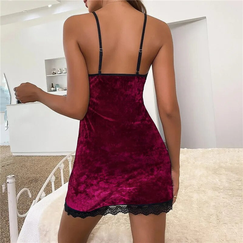 Seksualūs miegui aksominiai moteriški naktiniai marškiniai masyvi nėriniuoti V formos iškirpte Sexy Sling naktinė suknelė Moteriška apatinė trikotažas Naktiniai drabužiai Seksuali naktinė S-XL