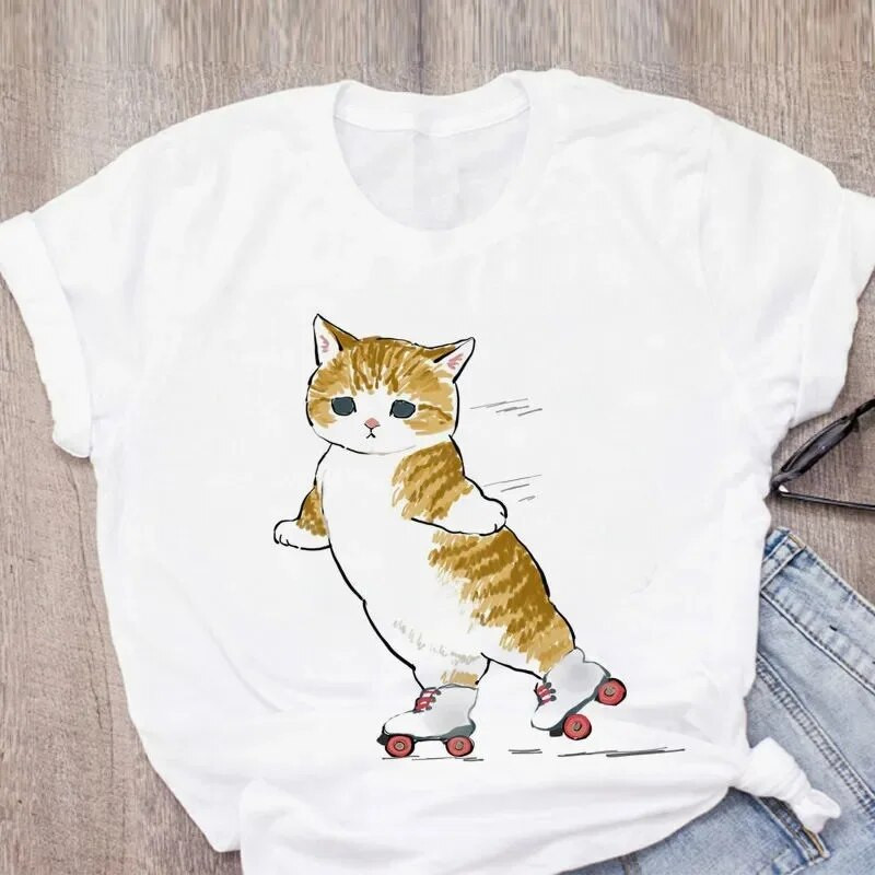 Tricou de mărime Plus pentru femei Tricou cu desene animate cu pisică drăguță Tricou grafic Harajuku Tricou imprimat Top estetic la modă Tricou Femeie
