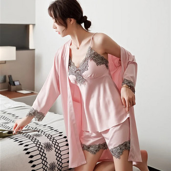 5PC копринен костюм за сън Дамска дантелена сатенена пижама Комплект рокли с V-образно деколте Cami Nighties Wear Pijama Домашно нощно облекло Пролетна нощница