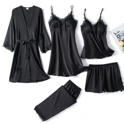 5PC svileni ogrtač spavaćica Ženska čipkasta satenska pidžama Komplet haljina s V-izrezom Pižama Pidžama Kućna spavaćica Proljetna spavaćica