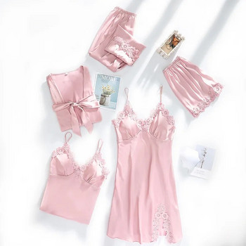 Булчинско спално облекло Спален костюм Секси дамски 5PCS комплекти дантелени пижами Сатенени пижами с V-образно деколте Пролетно домашно облекло Спално облекло Интимно бельо