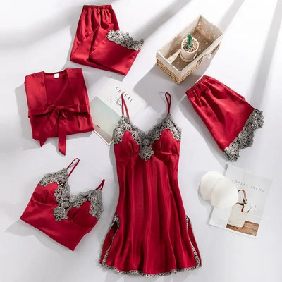 Πυτζάμες νύφης Σέξι γυναικείο κοστούμι με δαντέλα 5 τμχ Σετ πιτζάμες με λαιμόκοψη V-λαιμόκοψη Ανοιξιάτικες πιτζάμες με σατέν νυχτικά εσώρουχα