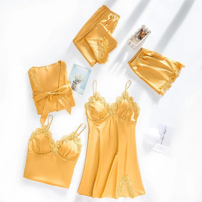 Πυτζάμες νύφης Σέξι γυναικείο κοστούμι με δαντέλα 5 τμχ Σετ πιτζάμες με λαιμόκοψη V-λαιμόκοψη Ανοιξιάτικες πιτζάμες με σατέν νυχτικά εσώρουχα