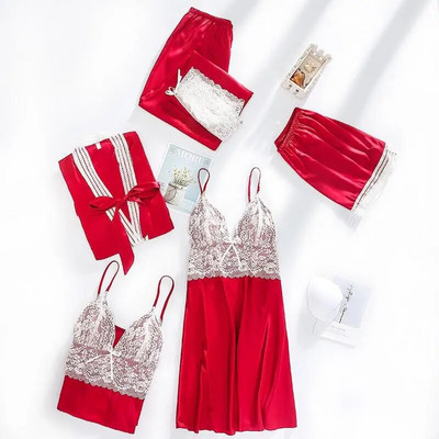 Πυτζάμες νύφης Σέξι γυναικείο κοστούμι με δαντέλα 5 τμχ Σετ πιτζάμες με λαιμόκοψη V-λαιμόκοψη Ανοιξιάτικες πιτζάμες με σατέν νυχτικά εσώρουχα