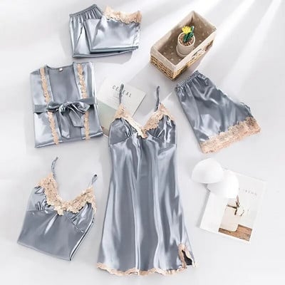 Πυτζάμες νύφης Σέξι γυναικείο κοστούμι με δαντέλα 5 τμχ Σετ πιτζάμες με λαιμόκοψη V-λαιμόκοψη Ανοιξιάτικες πιτζάμες με σατέν νυχτικά εσώρουχα