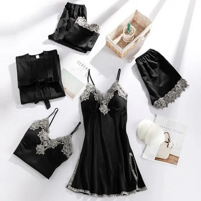 Πυτζάμες νύφης Σέξι γυναικείο κοστούμι με δαντέλα 5 τμχ Σετ πιτζάμες με λαιμόκοψη V-λαιμόκοψη Ανοιξιάτικες πιτζάμες με σατέν νυχτικά εσώρουχα