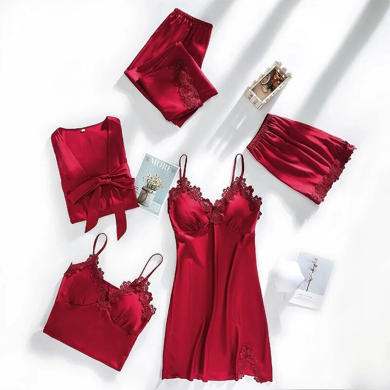 Πυτζάμες νύφης Σέξι γυναικείο κοστούμι με δαντέλα 5 τμχ Σετ πιτζάμες με λαιμόκοψη V-λαιμόκοψη Ανοιξιάτικες πιτζάμες με σατέν νυχτικά εσώρουχα