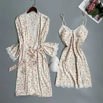 Twinset nėrinių chalatų komplektas Moteriški miegui naktiniai marškiniai Nauji moteriški kimono chalatai, chalatai Seksuali pavasario vasara šilko satino namų suknelė