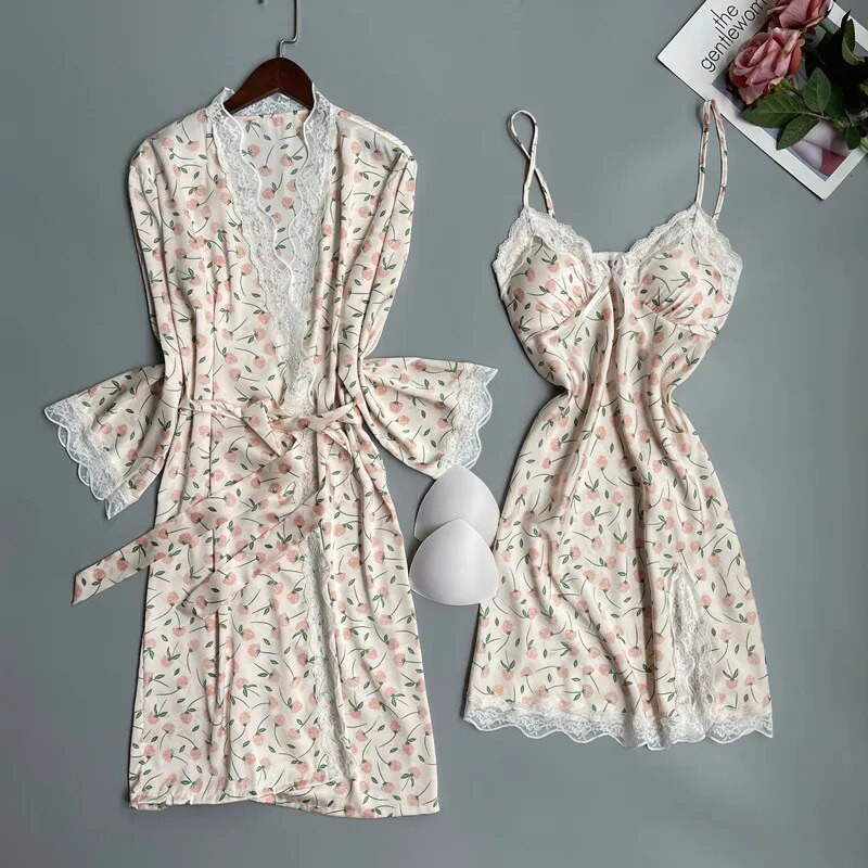 Twinset nėrinių chalatų komplektas Moteriški miegui naktiniai marškiniai Nauji moteriški kimono chalatai, chalatai Seksuali pavasario vasara šilko satino namų suknelė