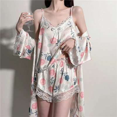 Nyomtatott pizsama szett Női pántos felső és rövidnadrág fehérnemű nyári csipke hálóruha 3 DB köntös pizsama öltöny női selymes szatén otthoni ruhák