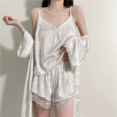 Nyomtatott pizsama szett Női pántos felső és rövidnadrág fehérnemű nyári csipke hálóruha 3 DB köntös pizsama öltöny női selymes szatén otthoni ruhák