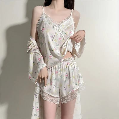 Nyomtatott pizsama szett Női pántos felső és rövidnadrág fehérnemű nyári csipke hálóruha 3 DB köntös pizsama öltöny női selymes szatén otthoni ruhák