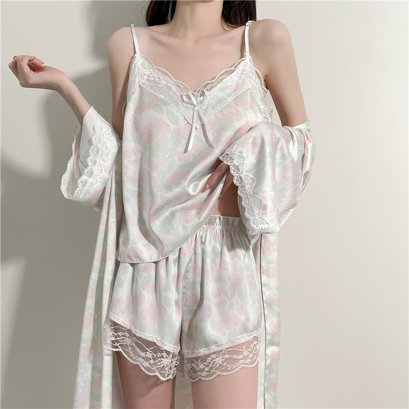 Nyomtatott pizsama szett Női pántos felső és rövidnadrág fehérnemű nyári csipke hálóruha 3 DB köntös pizsama öltöny női selymes szatén otthoni ruhák