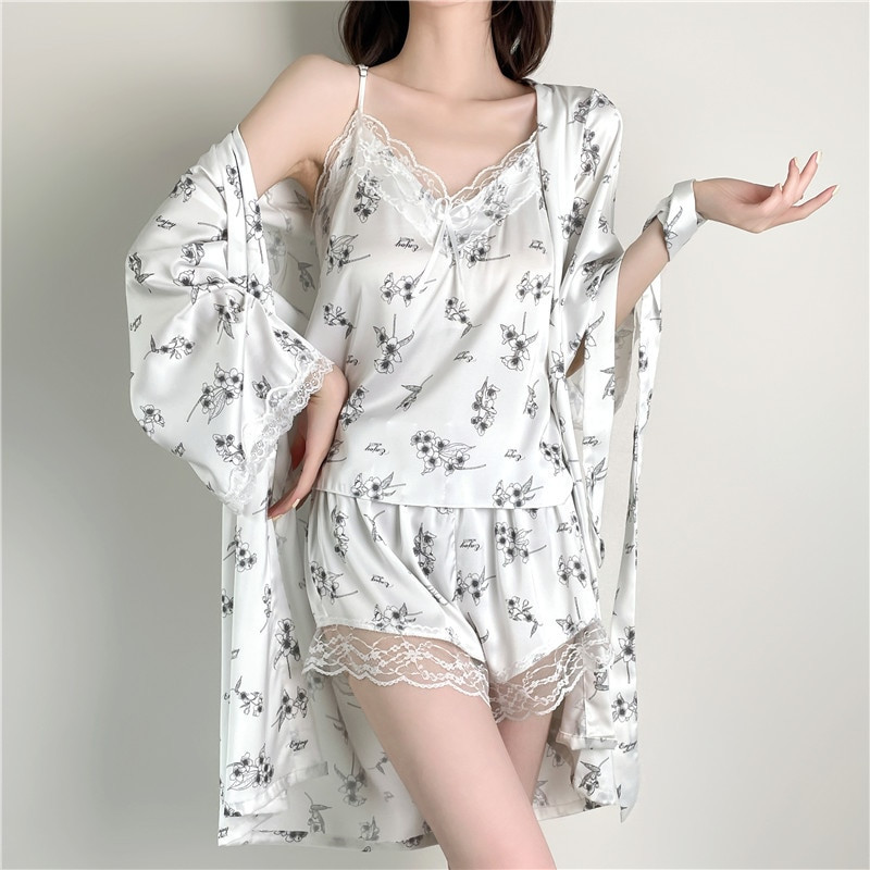 Nyomtatott pizsama szett Női pántos felső és rövidnadrág fehérnemű nyári csipke hálóruha 3 DB köntös pizsama öltöny női selymes szatén otthoni ruhák