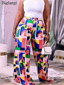 Nagy méretű őszi, új, geometrikus, virágos kockás mintás nadrág női széles szárú, bő, divatos női nadrágok alkalmi női hosszúnadrág 2023