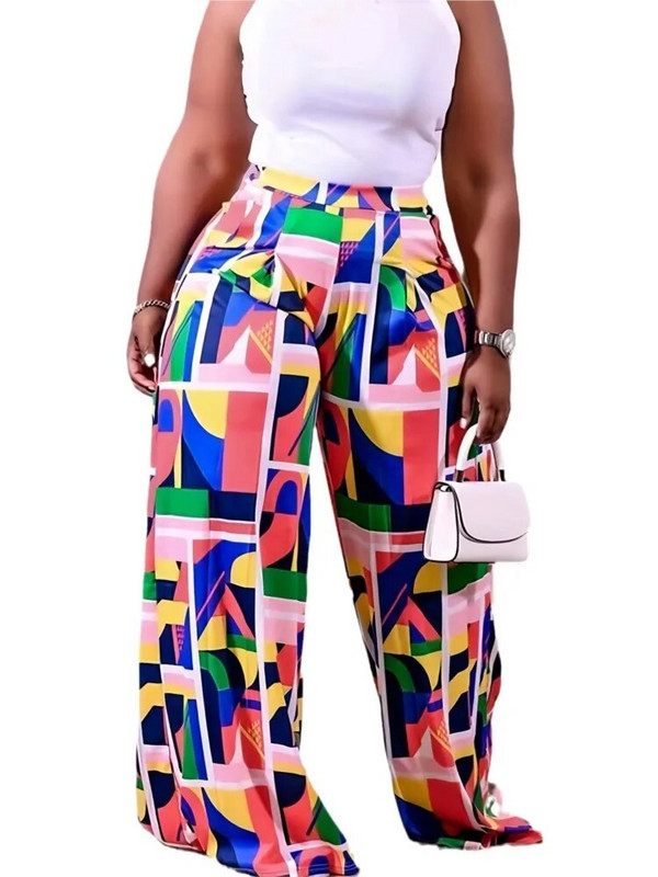 Nagy méretű őszi, új, geometrikus, virágos kockás mintás nadrág női széles szárú, bő, divatos női nadrágok alkalmi női hosszúnadrág 2023