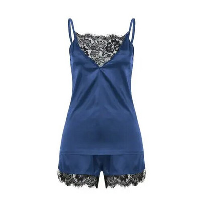 Set de pijamale din satin sexy din dantela pentru femei, top și pantaloni scurți, elegante, fără mâneci, costum de noapte, set de pijamale